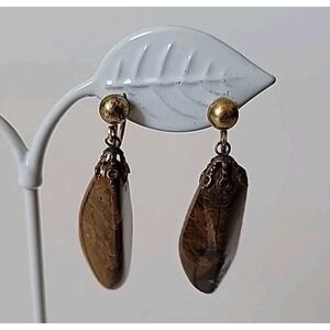 Vintage Tigers Eye Gemstone Dangle Screw Back Earrings Yellowish Brown Courage